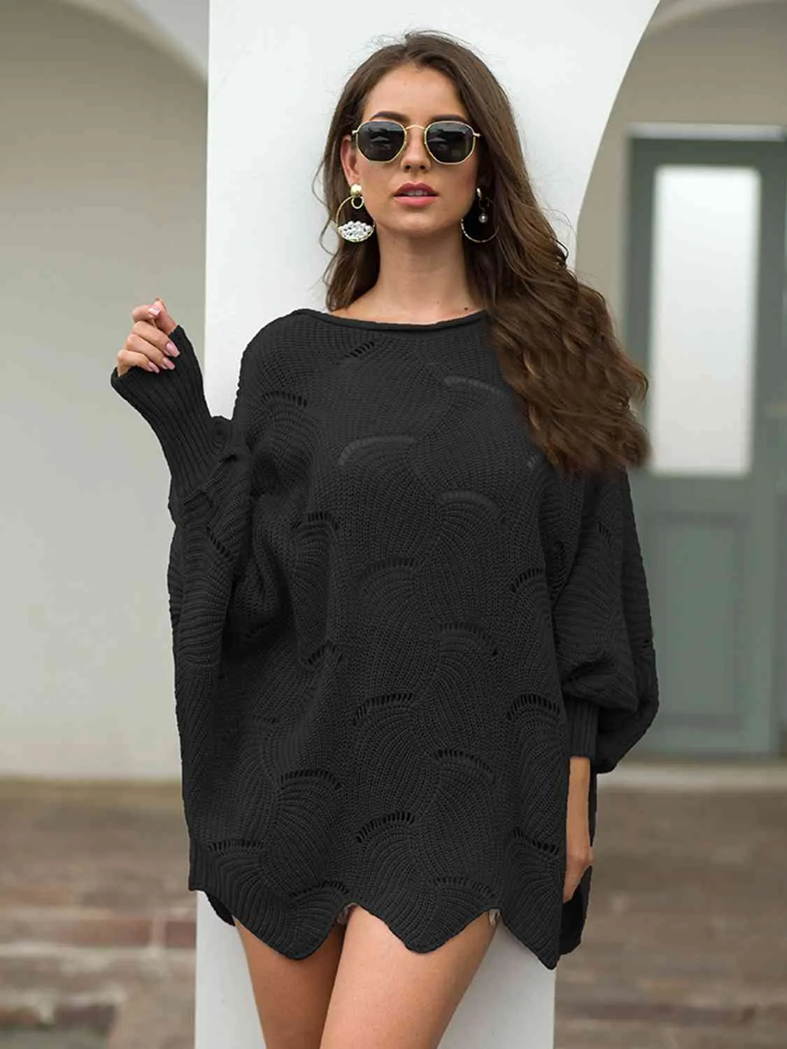 Trudy Boat Neck Lantern Sleeve Openwork Knit Top