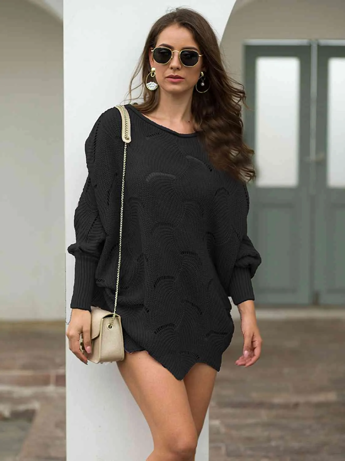 Trudy Boat Neck Lantern Sleeve Openwork Knit Top