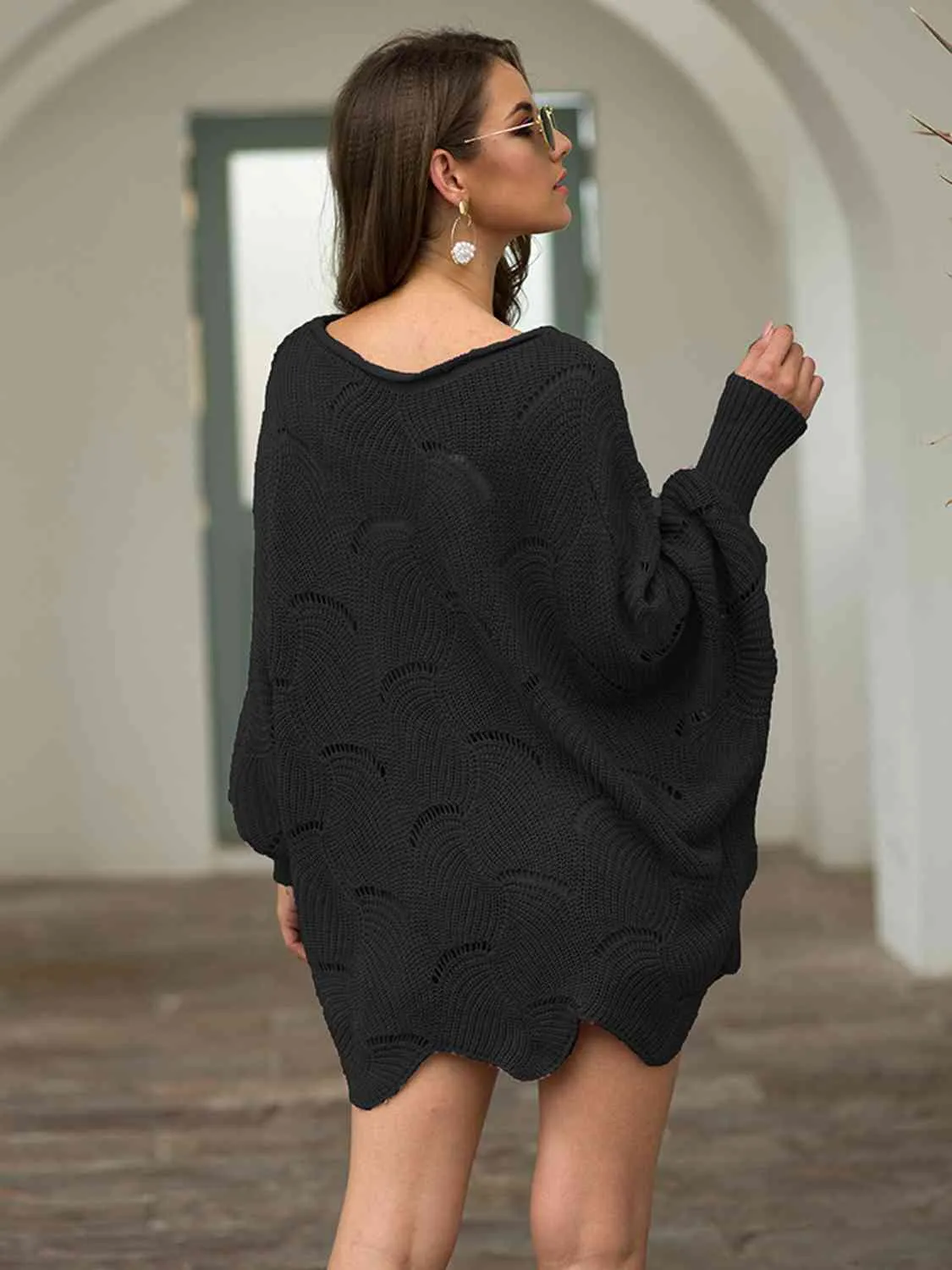 Trudy Boat Neck Lantern Sleeve Openwork Knit Top