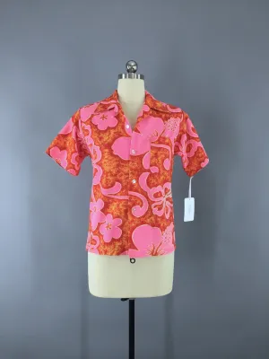 Vintage 1960s Kole Kole Hawaiian Shirt in Pink and Orange Floral Print Batik
