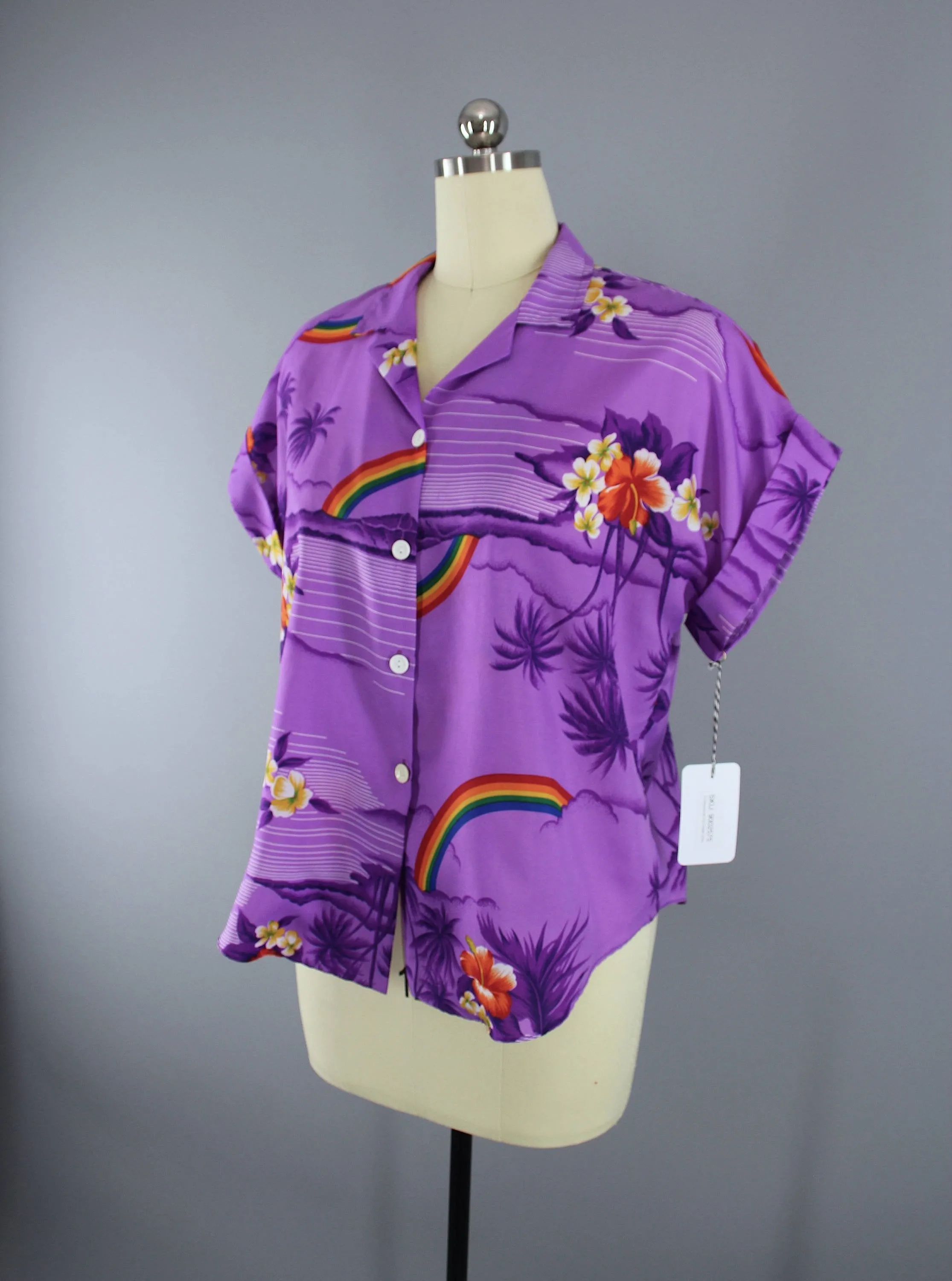 Vintage 1980s Purple Floral Rainbow Hawaiian Shirt