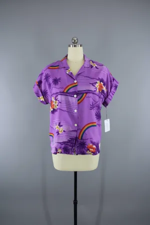 Vintage 1980s Purple Floral Rainbow Hawaiian Shirt