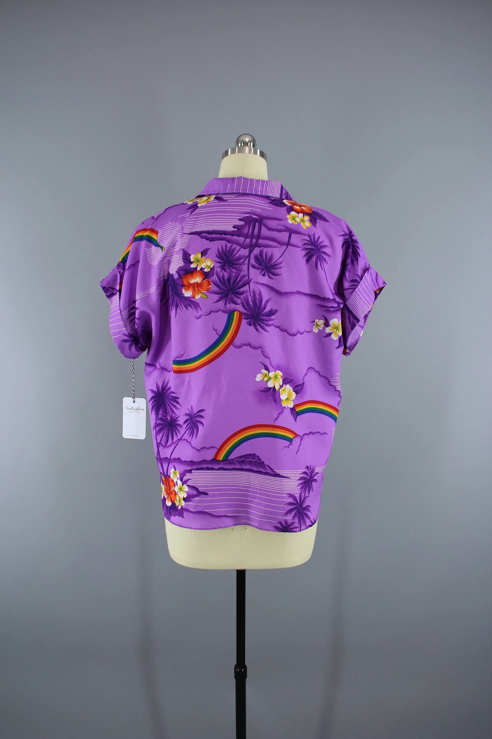 Vintage 1980s Purple Floral Rainbow Hawaiian Shirt