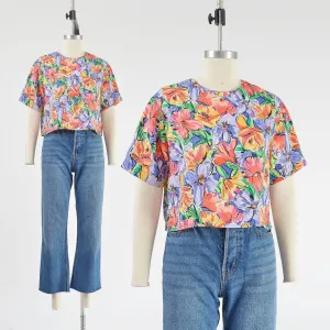 Vintage 90s Silky Colorful Floral Print Blouse Short Sleeve Cropped Top S