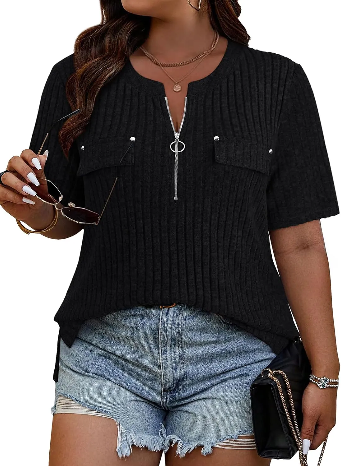 Viracy Plus Size Womens Tops 1/4 Zip Up Casual Shirts Lightweight Short Sleeve Tunics
