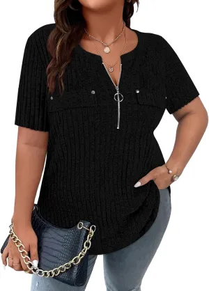 Viracy Plus Size Womens Tops 1/4 Zip Up Casual Shirts Lightweight Short Sleeve Tunics