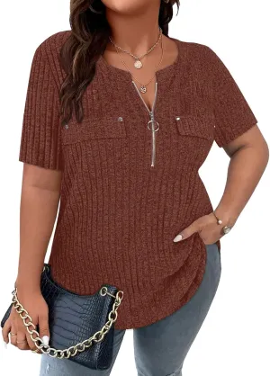 Viracy Plus Size Womens Tops 1/4 Zip Up Casual Shirts Lightweight Short Sleeve Tunics