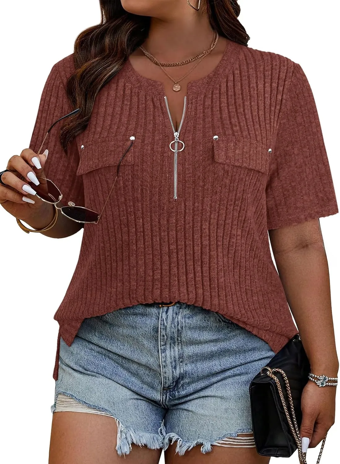Viracy Plus Size Womens Tops 1/4 Zip Up Casual Shirts Lightweight Short Sleeve Tunics