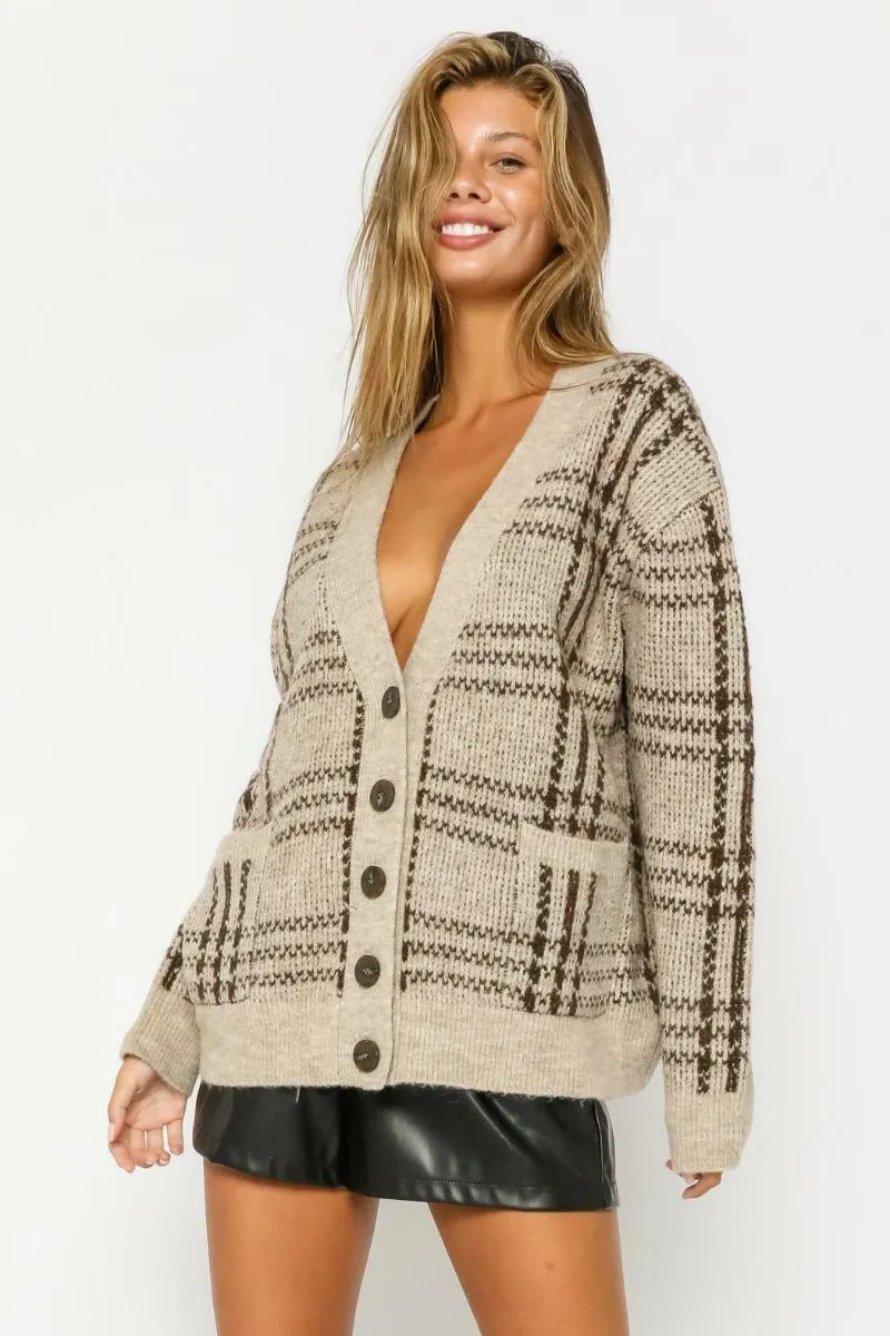 Warming Up Natural And Brown Plaid Cardigan Sweater