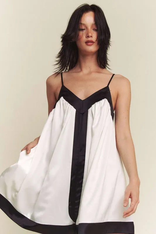White Black Contrast Hem Line Wide A Line Romper