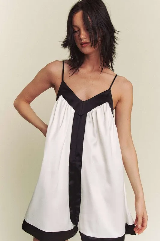 White Black Contrast Hem Line Wide A Line Romper