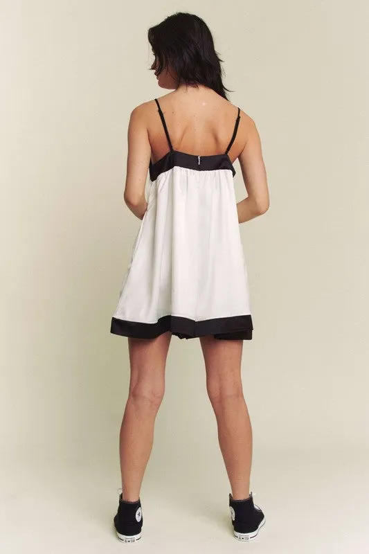 White Black Contrast Hem Line Wide A Line Romper