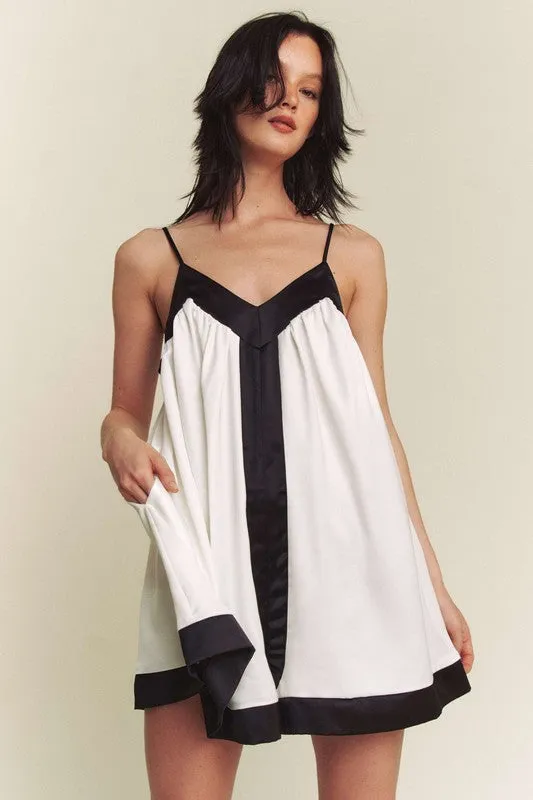 White Black Contrast Hem Line Wide A Line Romper